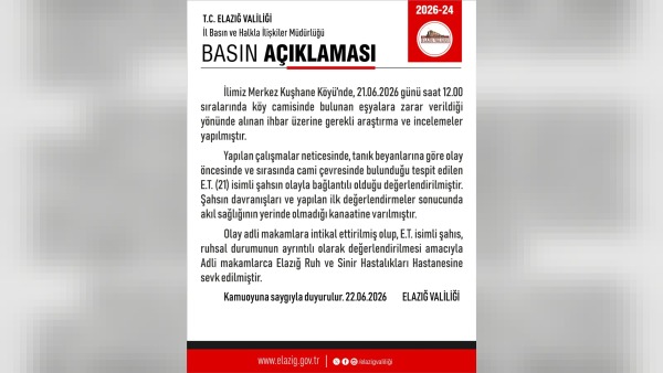 Elazığ Kuşhane Köyü'nde camide zarar veren 21 yaşındaki şahıs adli makamlara sevk edildi