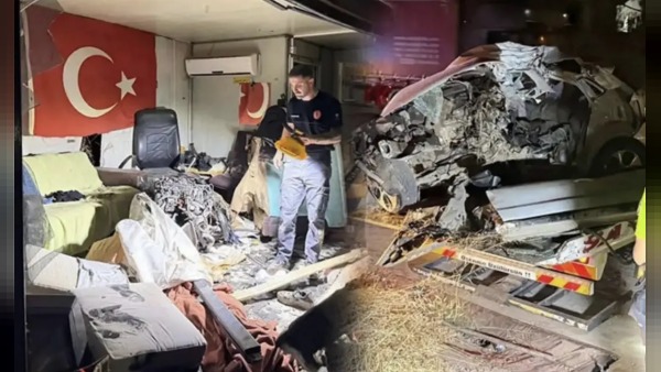 Serik'te kontrolden çıkan otomobilin kopan motoru 30-40 metre savrularak işçi barakasına girdi
